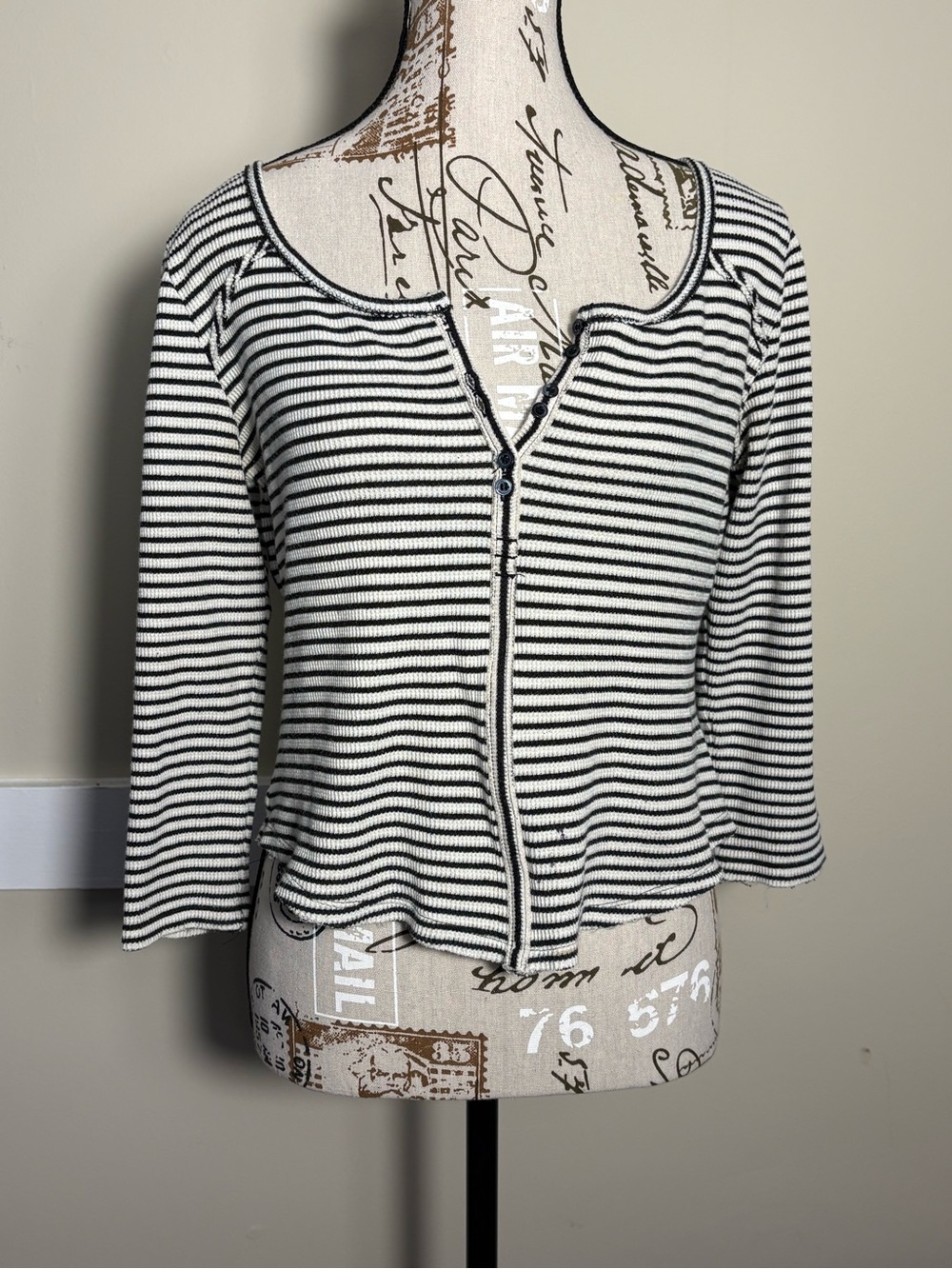 Free People We The Free Striped Thermal Henley Top Raw Seam Boho L - Picture 2 of 13